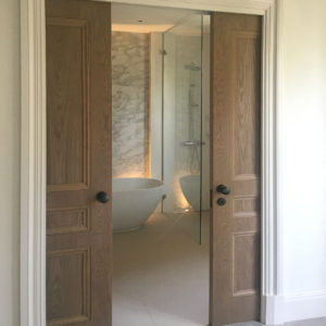 Door Type: Windsor 3B Pocket Sliding Doors | Finish: Bespoke Grey Stain